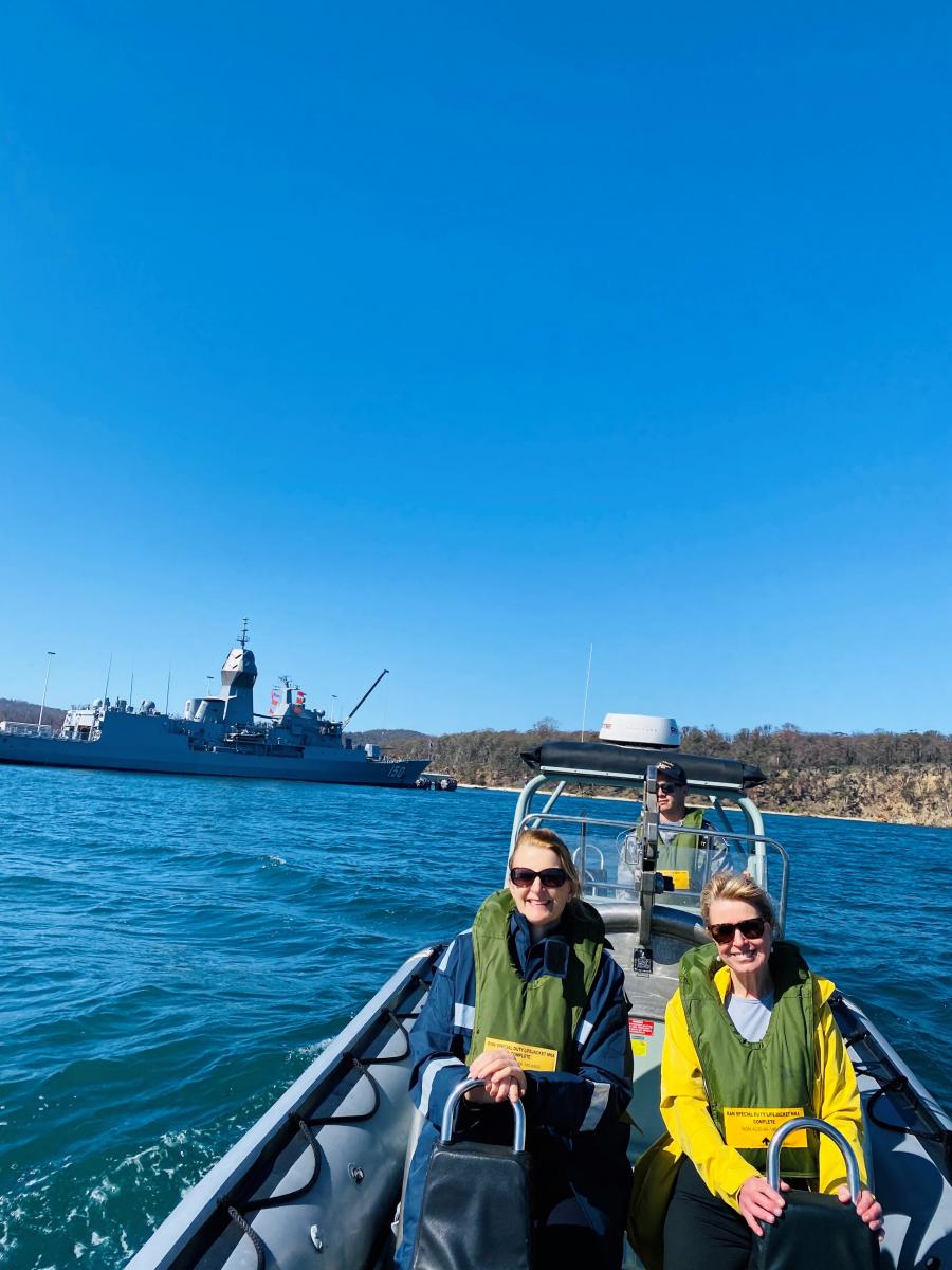 Aboard one of the Anzac’s rigid hull inflatable boats with DVA’s General Counsel Bronwyn Worswick (left).