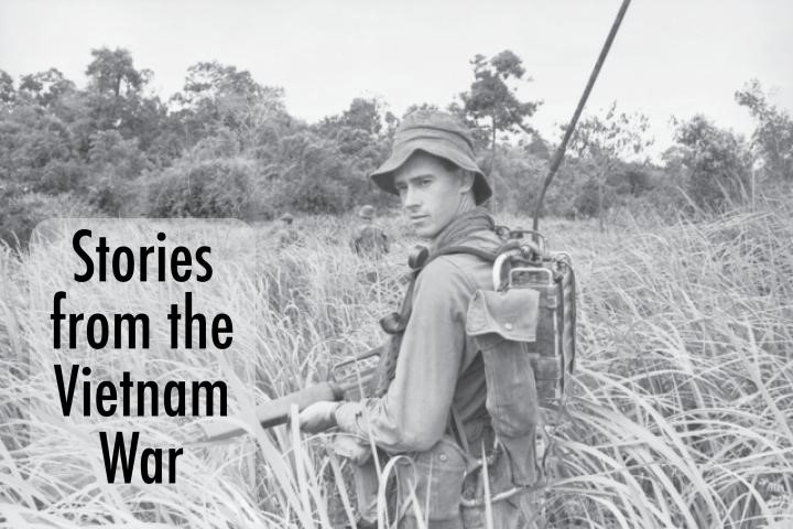 Photo of soldier walking through bush, with logo saying Stories from the Vietnam War
