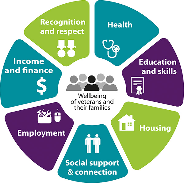 Infographic with seven segments surrounding the following words: Wellbeing of veterans and their families.
