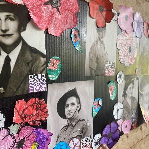 Wall collage of poppies and photos of WWII serving personnel