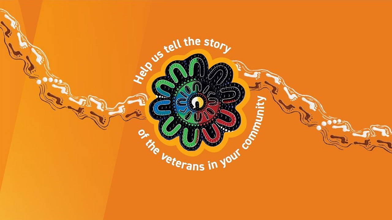 A large, Indigenous artwork featuring an orange background with the words: Help us tell the story of the veterans in your community.