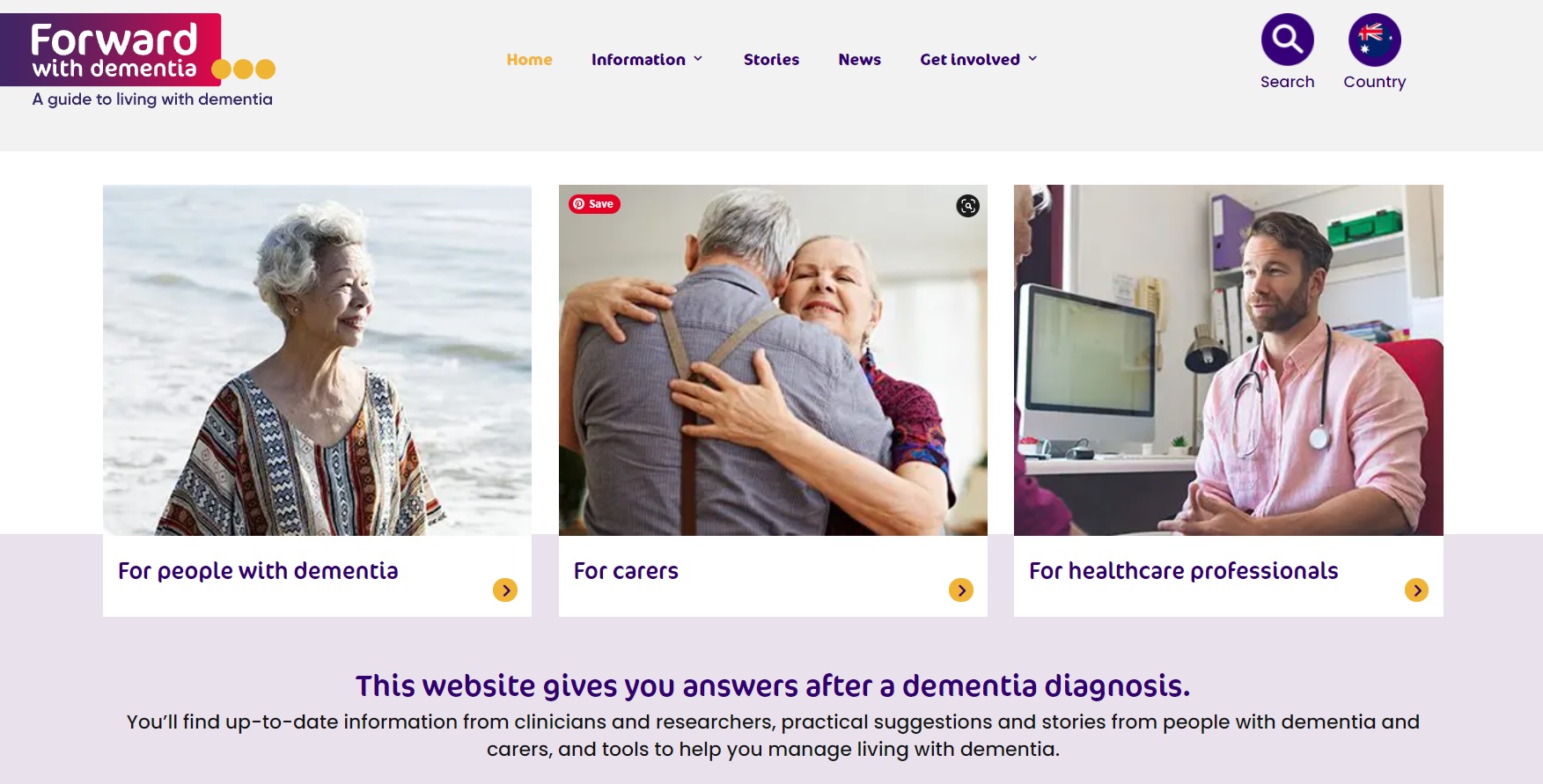 Website homepage for Forward with dementia