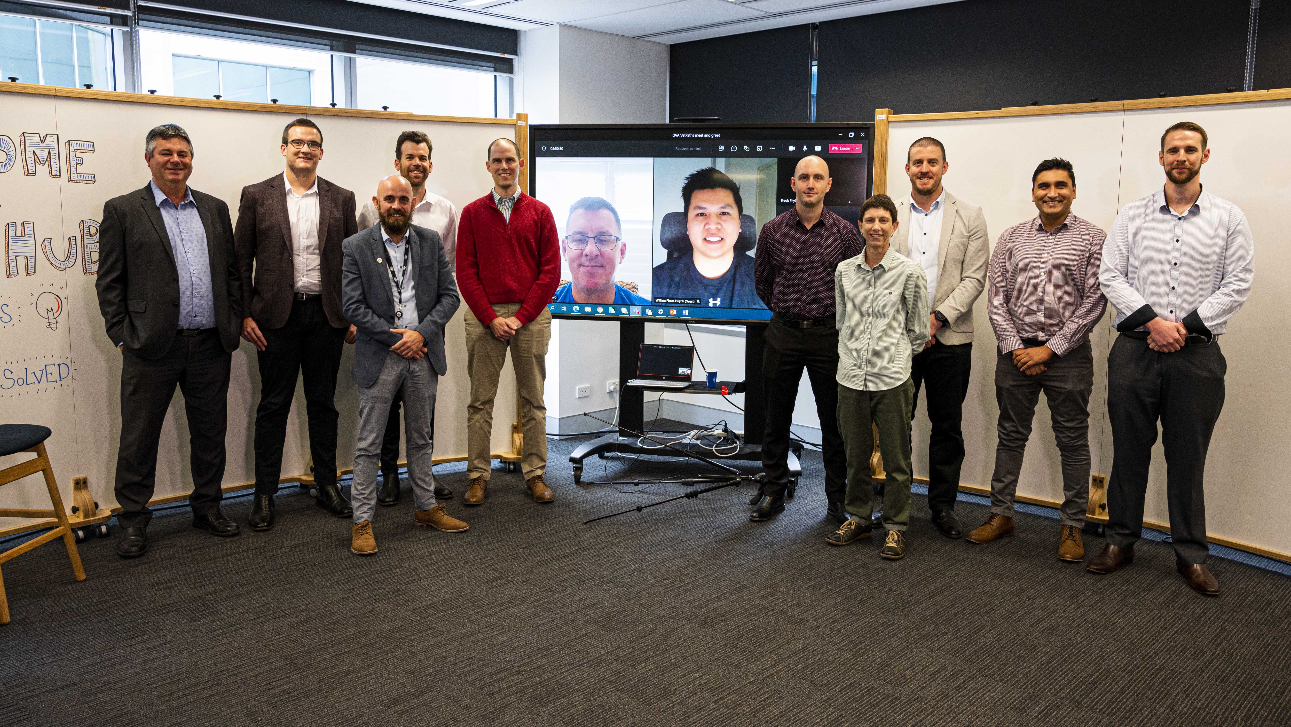 The first Cohort of DVAs Veteran Employment Pathway participants from left to right: Tony (APS Academy), Kallum, Mick (DVA, coordinator), Brett, Steve, Jason (screen), William (screen), Liam, Erika, James, Sisir and Adam. (absent: Alaric and Tina)