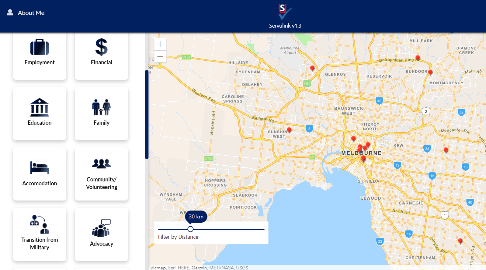 Screen shot of map of Melbourne with various menu buttons on the left side
