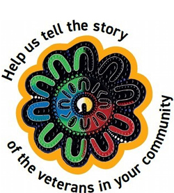 Indigenous artwork with the words: Help us tell the story of the veterans in your community.