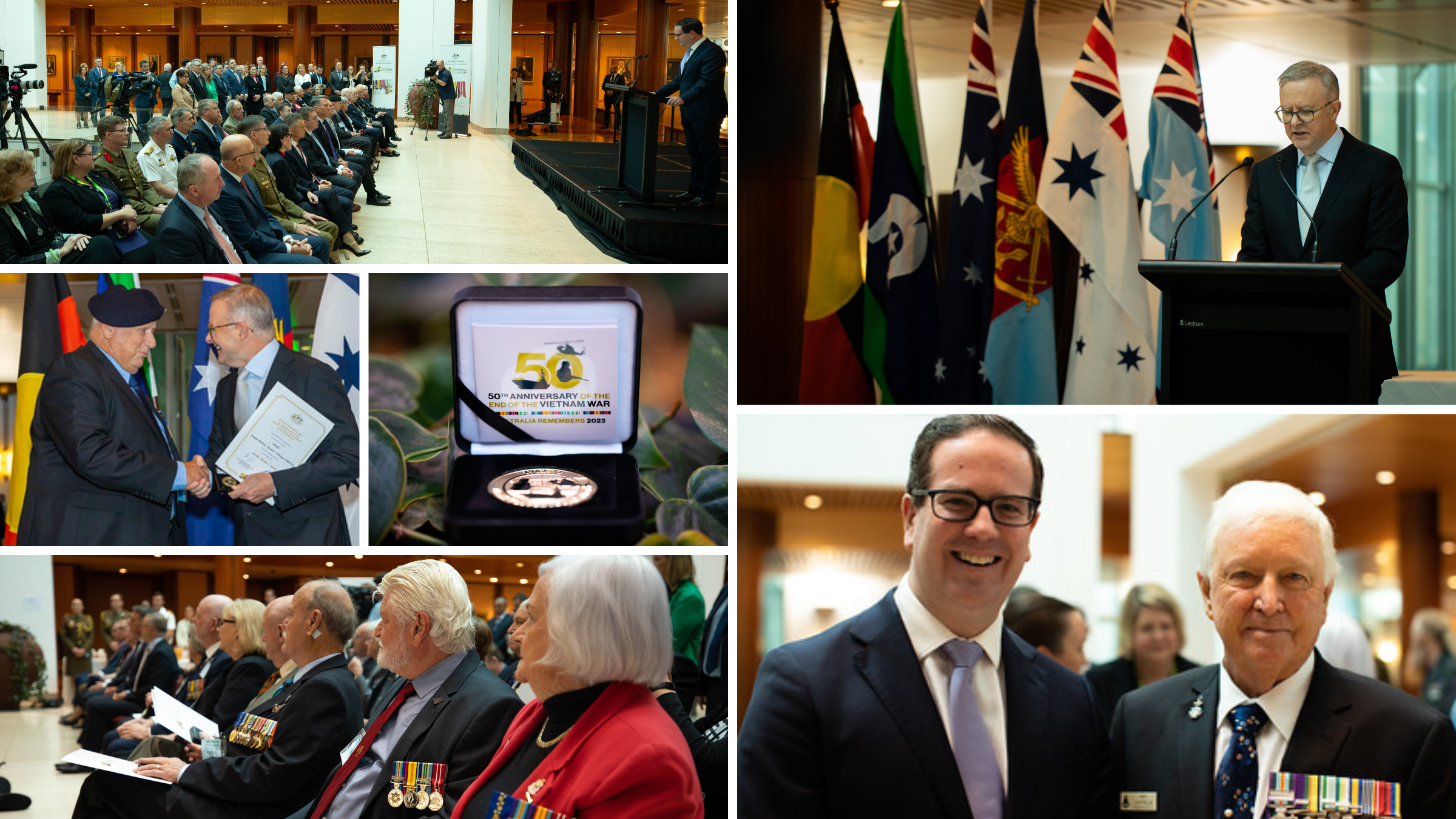 A collage of photos taken at the event including the Prime Minister and Veterans' Affairs Minister with a group of Vietnam veterans.