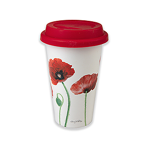 A coffee mug with lid featuring poppies on the side.