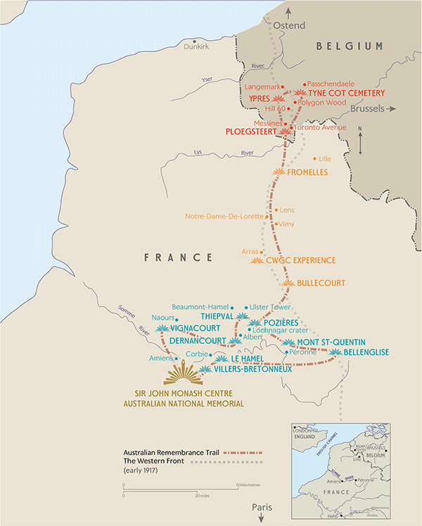 A map of the Australian Remembrance Trail along the Western Front