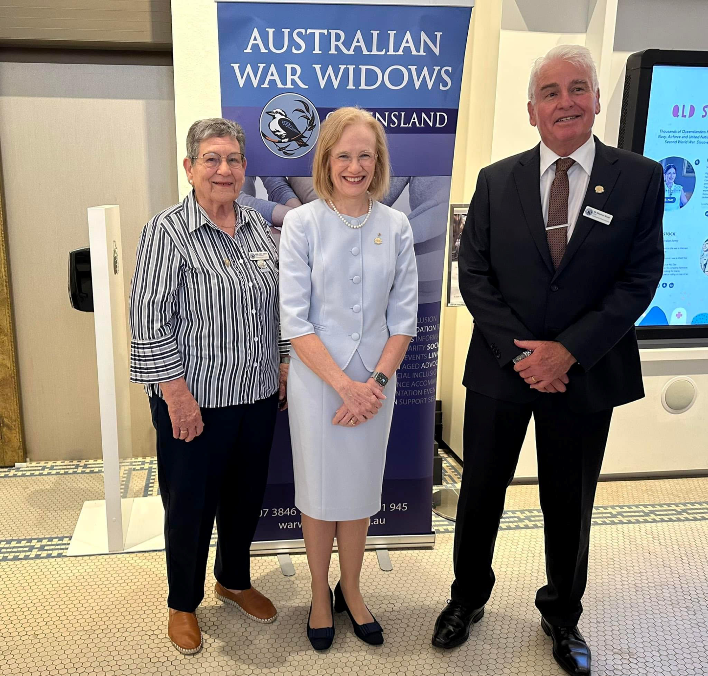 AWWQ State President Judy Smith with Governor Dr Jeanette Young and Chair of AWWQ Mr Stephen Scott