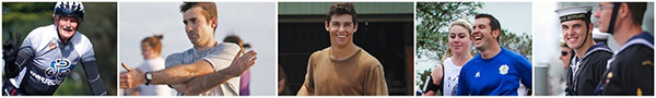 Five image montage of men being active outdoors