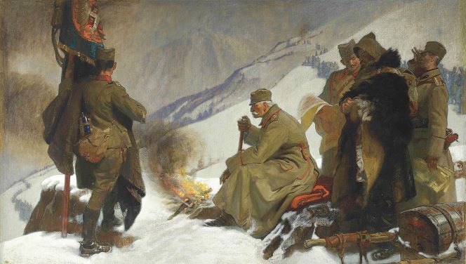 King Peter of Serbia retreating across the Albanian Mountains 1915, by Frank O. Salisbury.