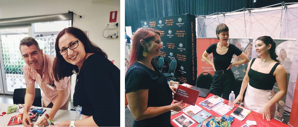 Men and women staffing information booths at an event