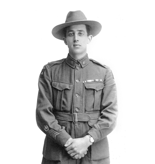 Harry Gissing, on his right arm 5 overseas service chevrons, the ‘A’ for Anzac, and above his left breast pocket the ribbon of the Meritorious Service Medal earned for ‘conspicuous devotion to duty’.