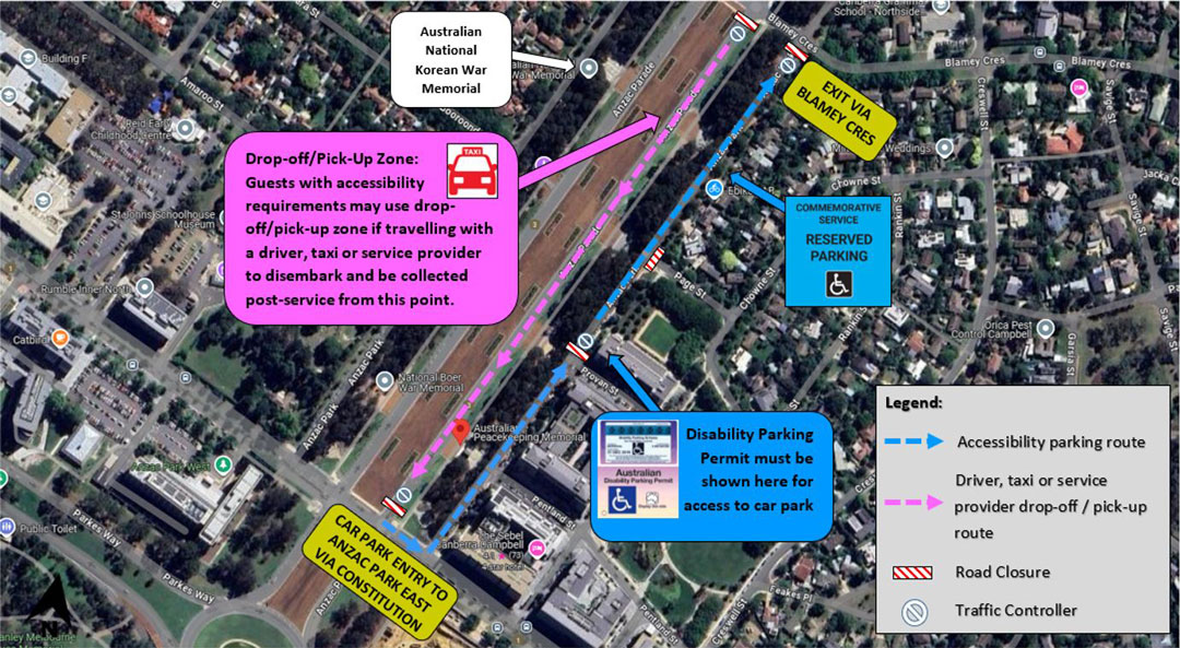 Aerial map of the Korean War Memorial in Canberra showing accessibility options