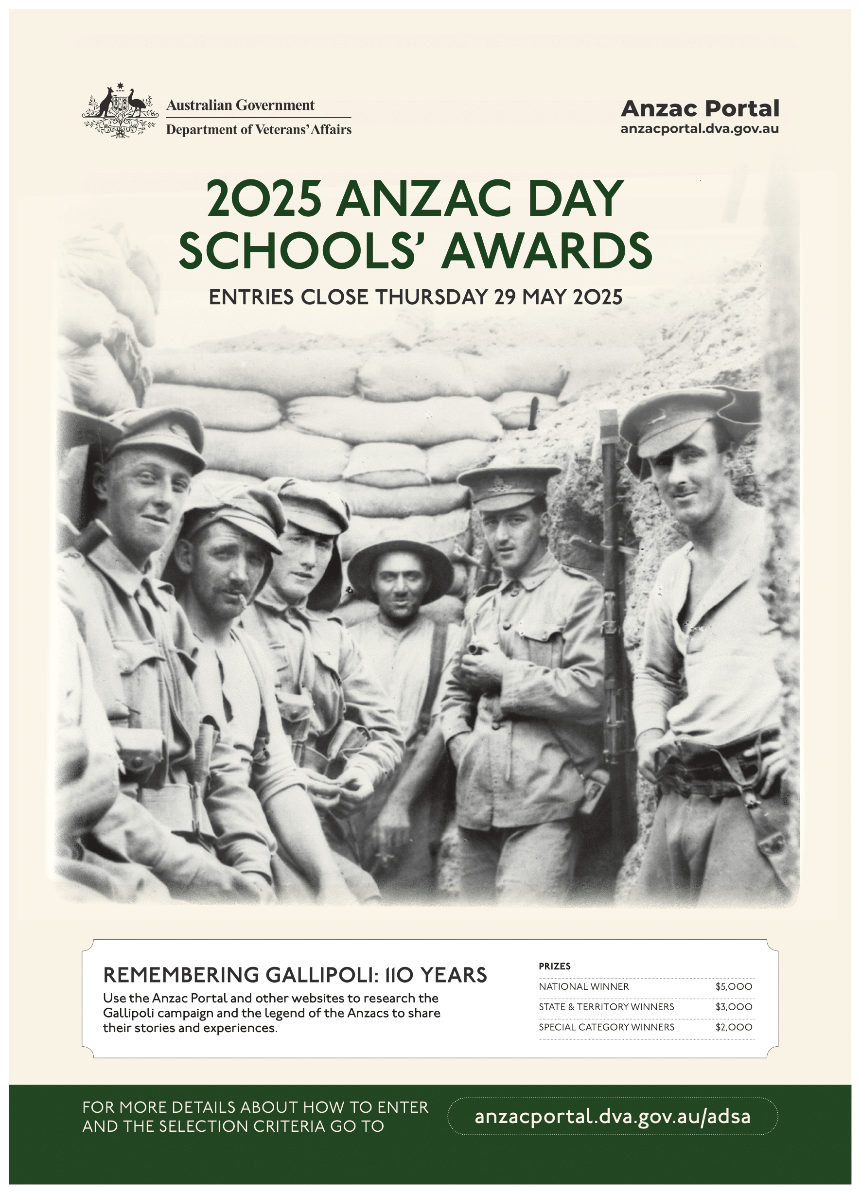 A black and white photo of members of the Australia and New Zealand Army Corps at Gallipoli. Text reads 2025 Anzac Day Schools Awards Entries Close Thursday 29 May 2025.