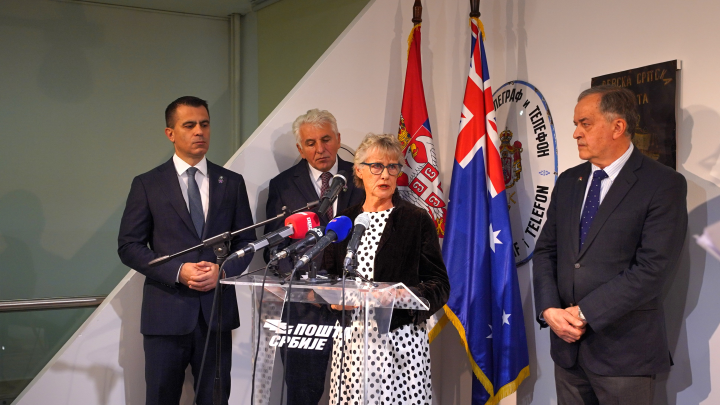 Minister George Milicevic; Director of the SerbianPost Office; Kathy Hancock, great niece of Mary de Garis; Bojan Pajic