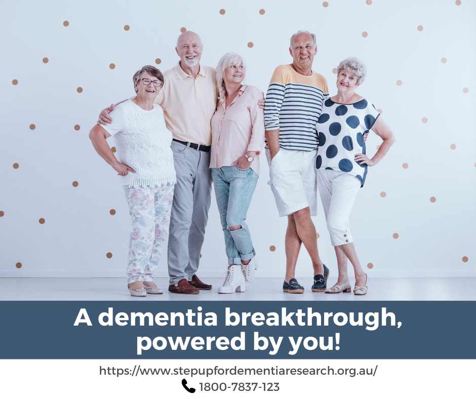 Five elderly people smiling with slogan underneath saying 'A dementia breakthrough, powered by you'