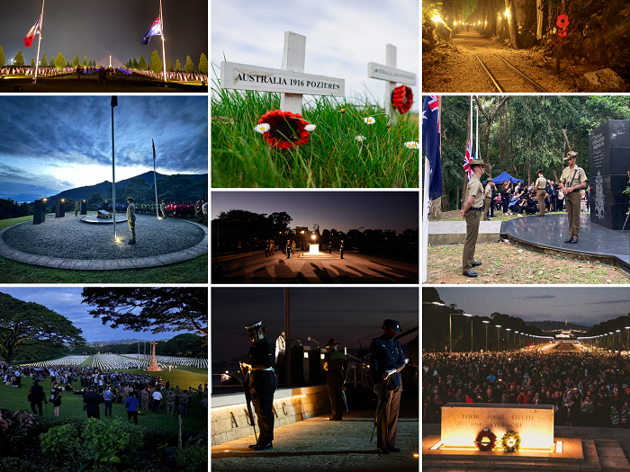 Montage of photos taken at Anzac Day services around the world