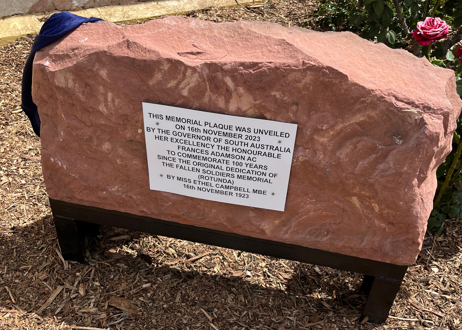 The memorial plaque for the re-dedication of the Fallen Soldiers Memorial