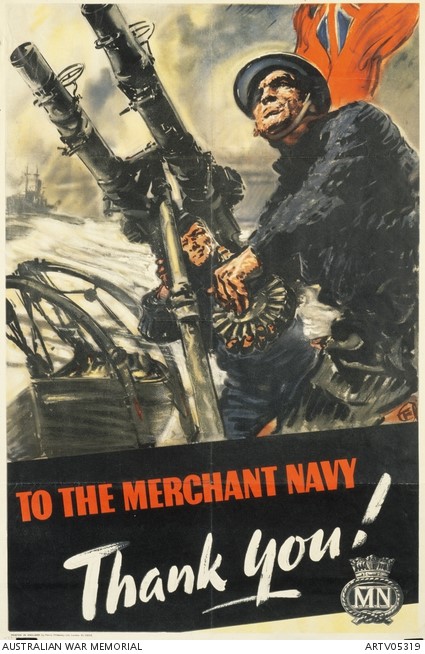 Black and red poster showing two men manning anti-aircraft gun, with text saying 'To the merchant navy, thank you!'