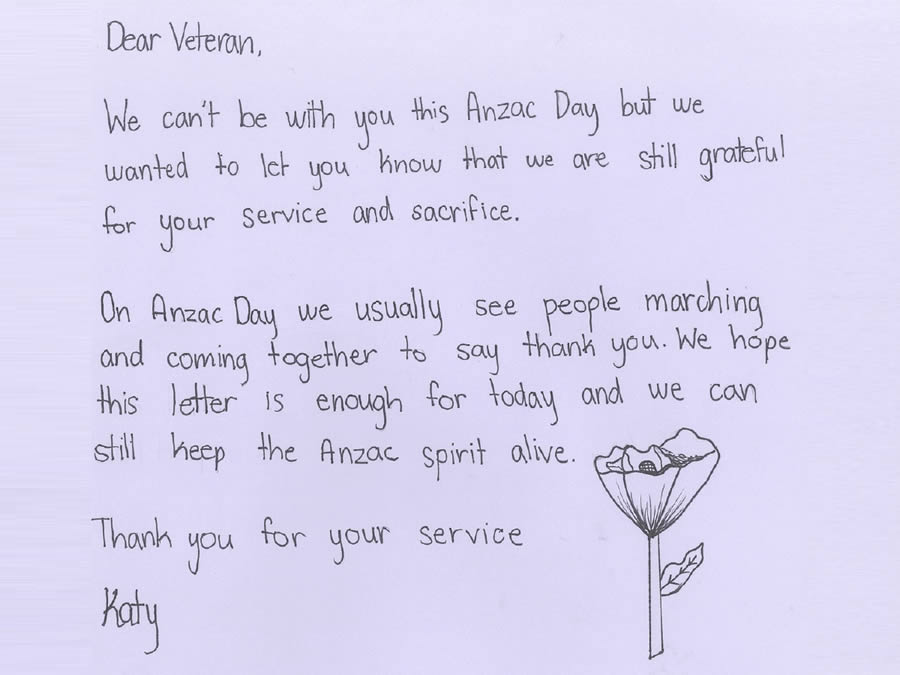 Letter to the veteran from Katy – Manly NSW