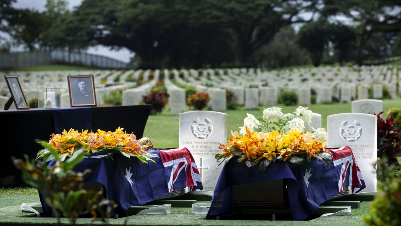 The caskets of Warrant Officers Russell Henry Grigg and Clement Batstone Wiggins (Images: Defence)