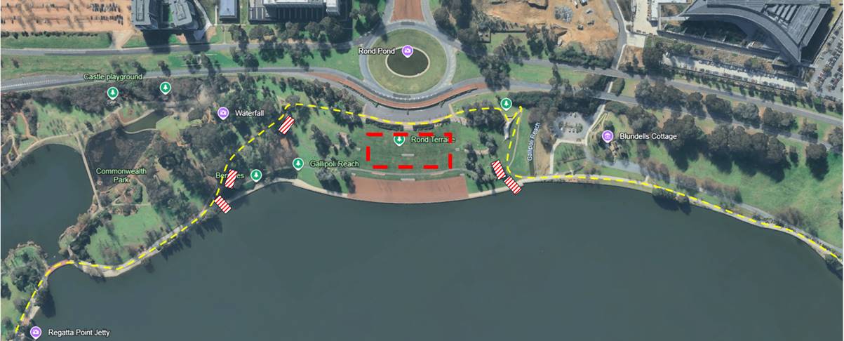 The Pedestrian path along the lake will take a detour prior to rond terrace to take you up and around the event site.