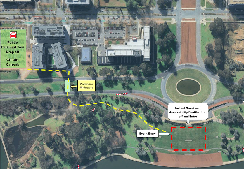 Short walk option for public parking takes you from the CIT Drit Carpark to the Parkes Way underpass in which you turn left and follow the path to Rond Terrace and the event entry
