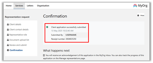 Screenshot of a confirmation message and an acknowledgement 