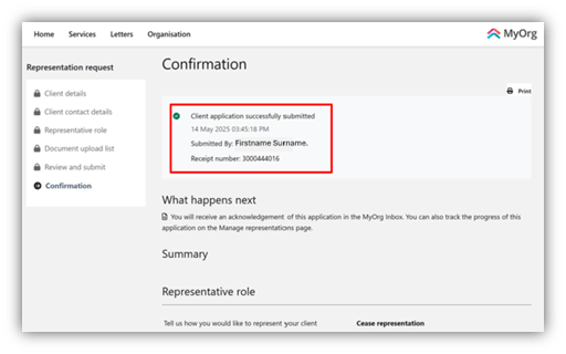 Screenshot showing the Confirmation screen