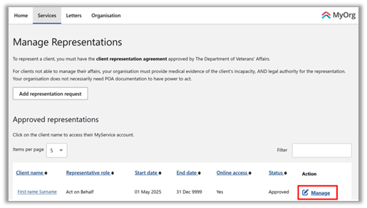 Screenshot to show 'Manage’ link on Manage Representation screen