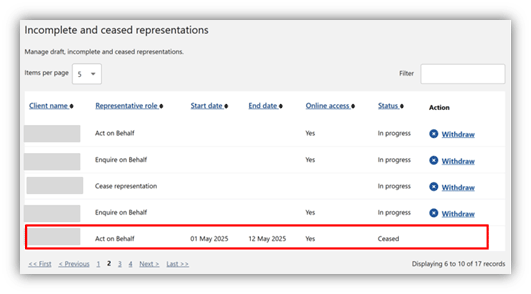 Screenshot showing the Ceased status in the Incomplete and ceased representations table