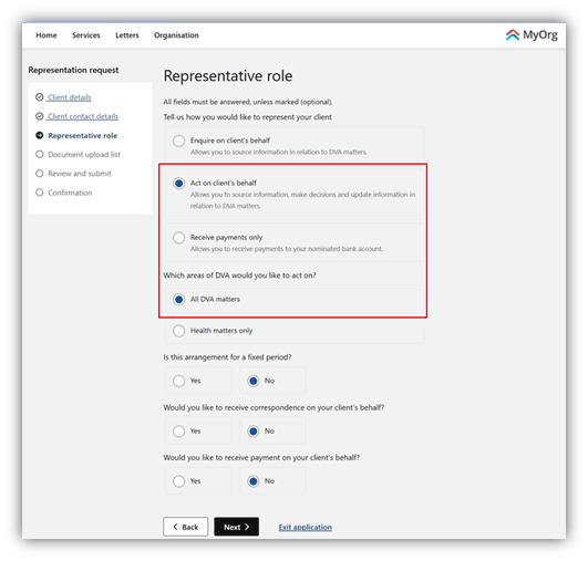 Screenshot of Representative role screen