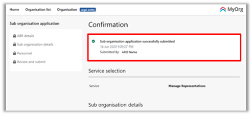 Screenshot of Confirmation screen