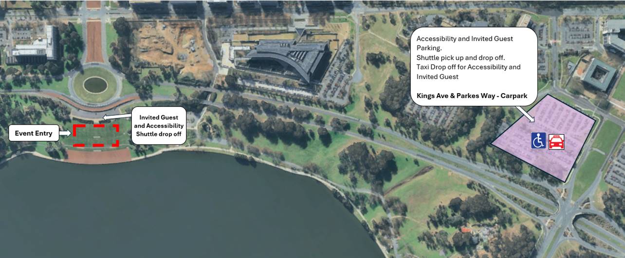 Free shuttle bus service is running from Kings Avenue and Parkes Way Carpark. Located near Russell Offices, shuttles with for those with accessibility requirements will drop you to the front of the event site and take you back once the ceremony has finished.