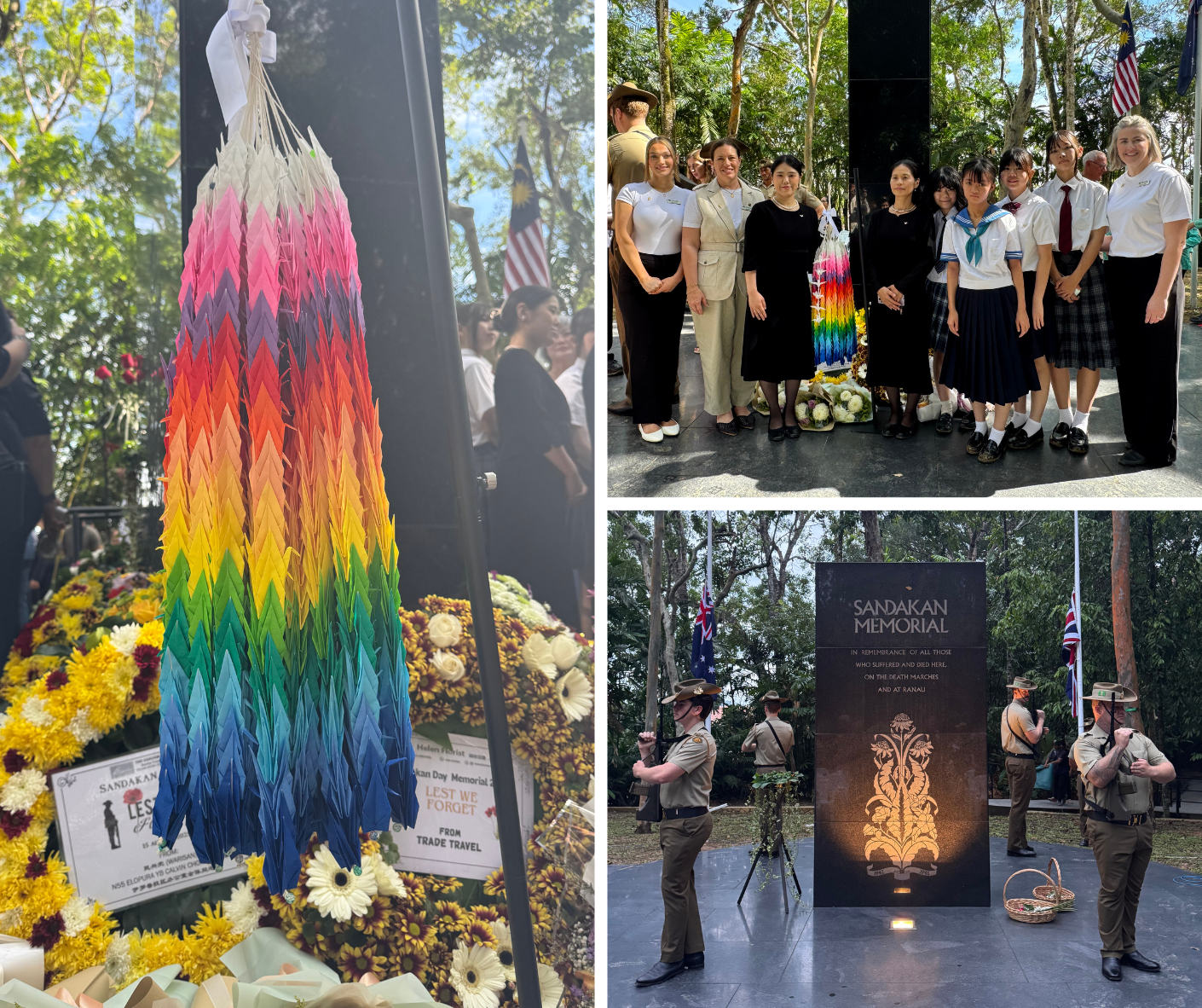 Images of origami cranes, Japanese students and Australian soldiers on Sandakan Memorial Day