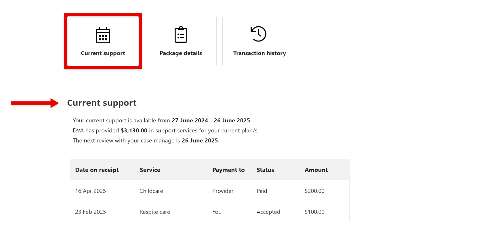 Screenshot to demonstrate 'Current support' tile.