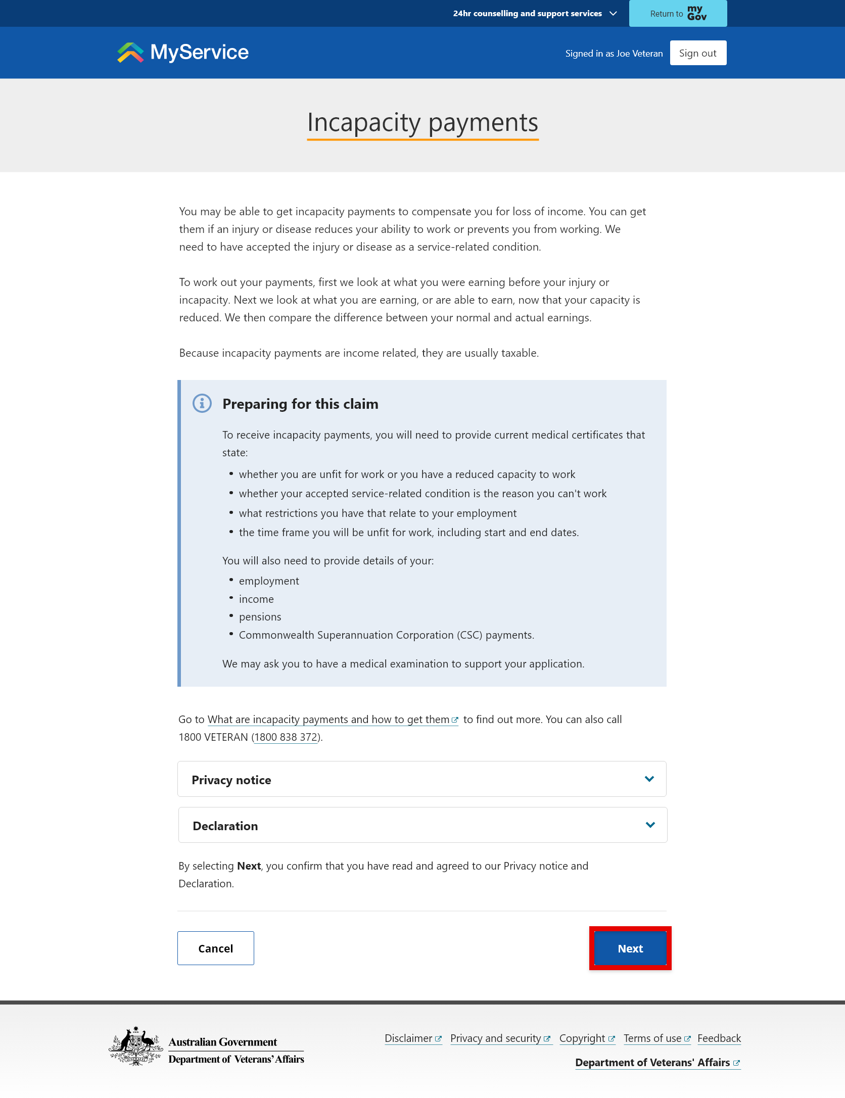 Incapacity payments start screen.