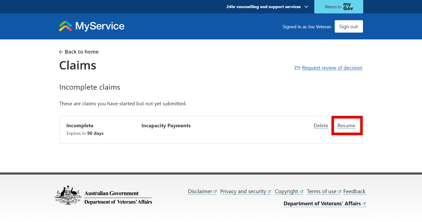 Claims screen. Resume button selected.
