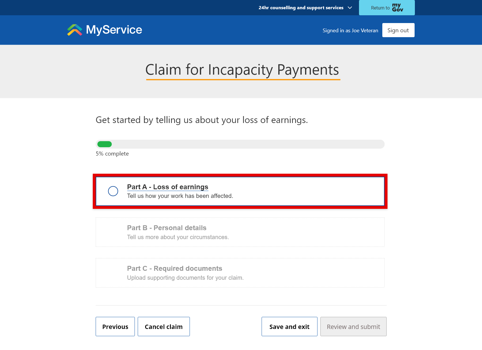 Screenshot show selection of Part A – Loss of earnings.