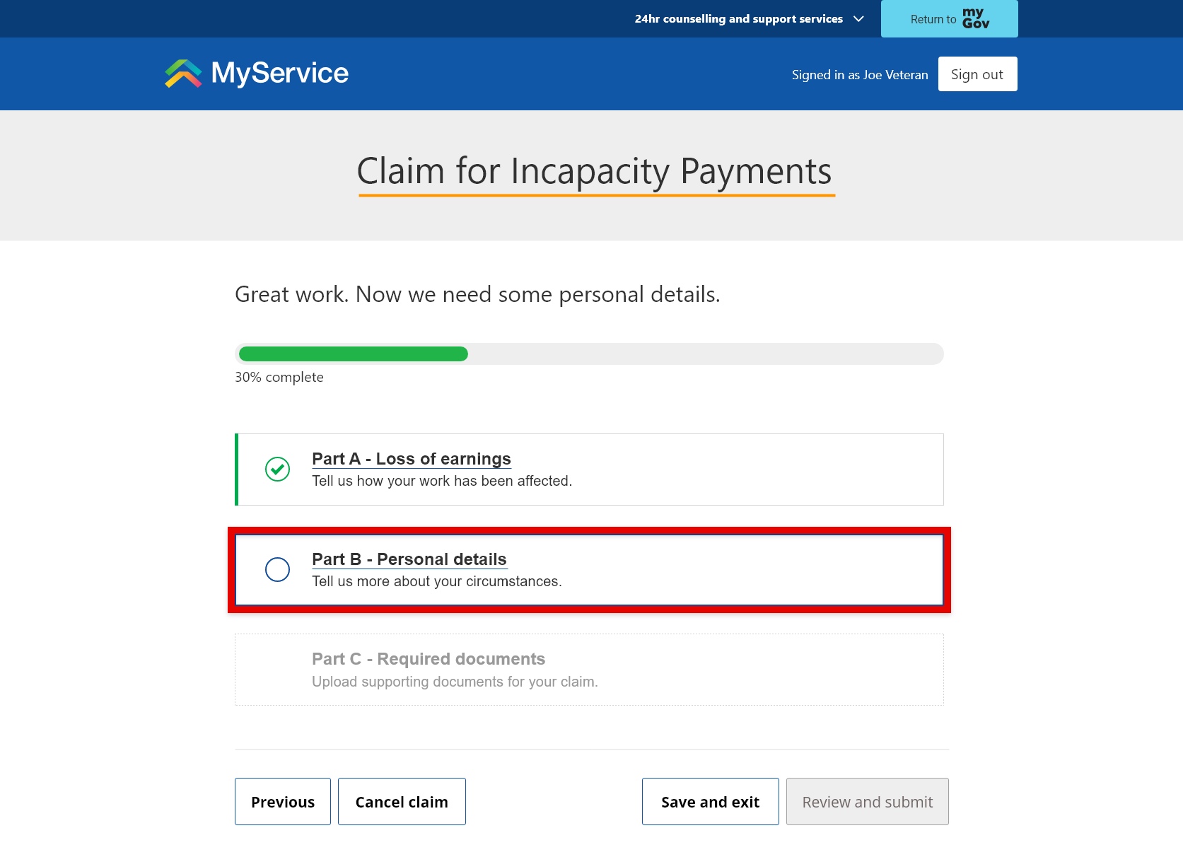 Screenshot to show how to select 'Part B – Personal details'.