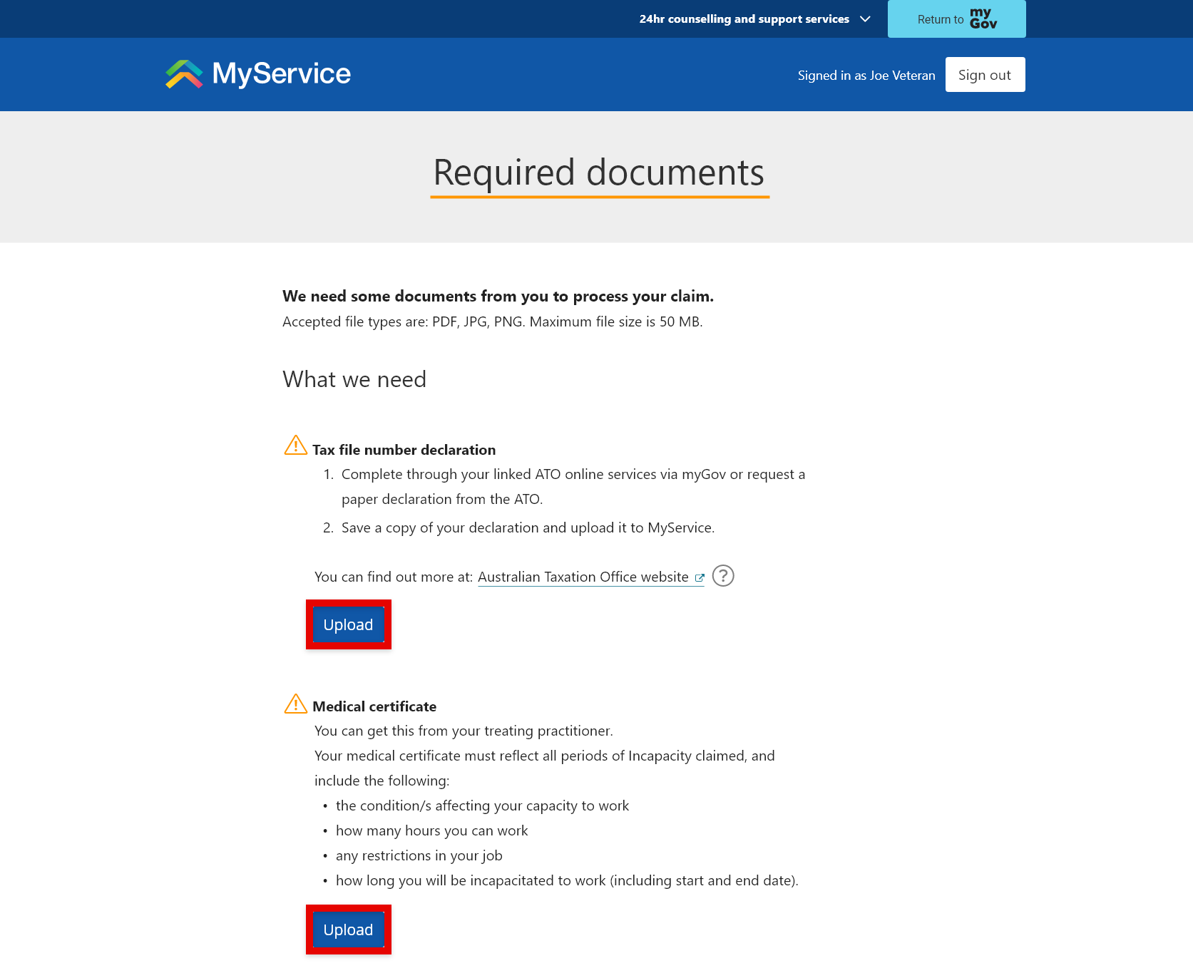 'Required documents' screen. 'Upload' option selected.
