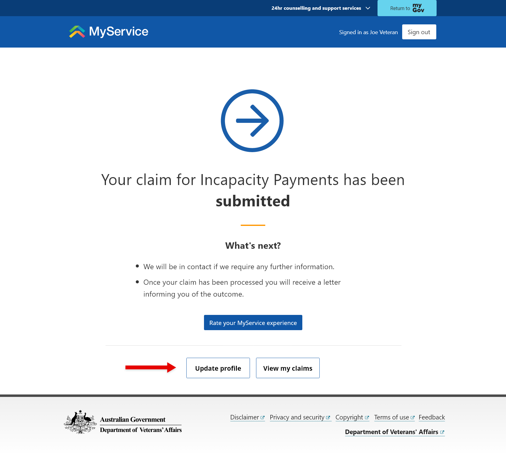'Your claim for Incapacity Payments has been submitted' screen with 'Update profile' option shown.