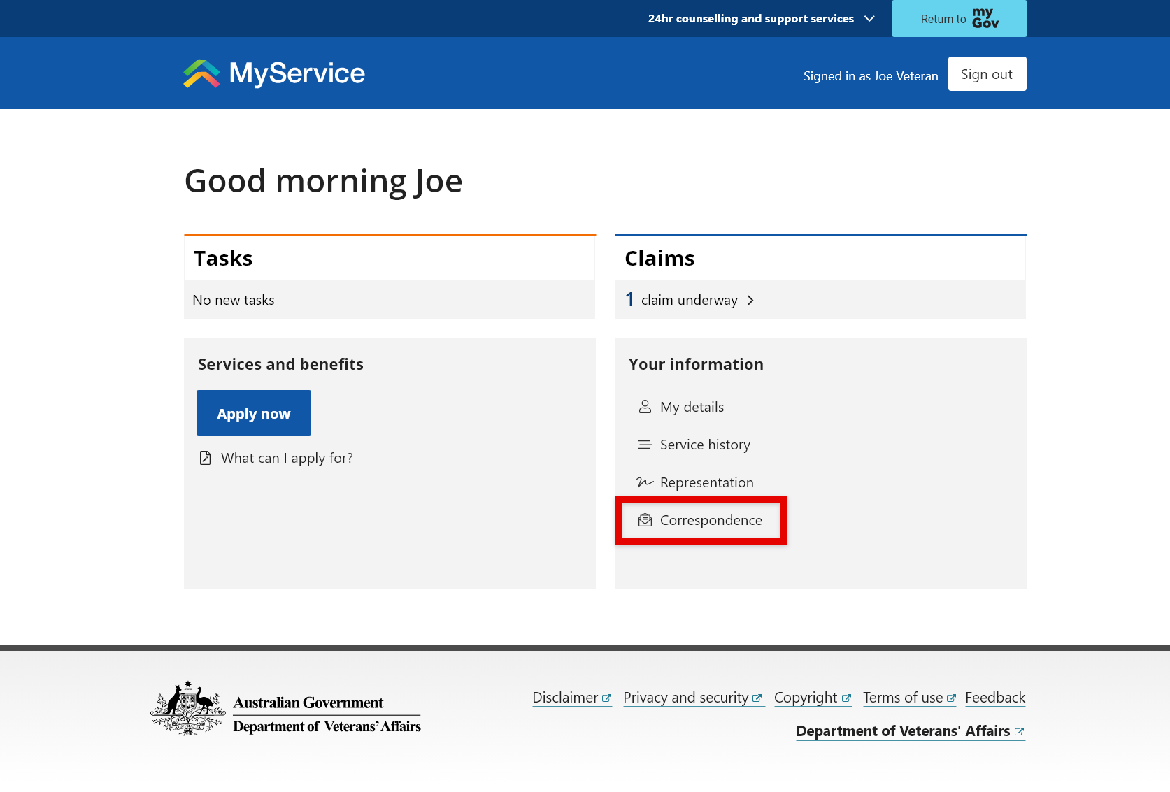 Sign in page. Correspondence option selected.