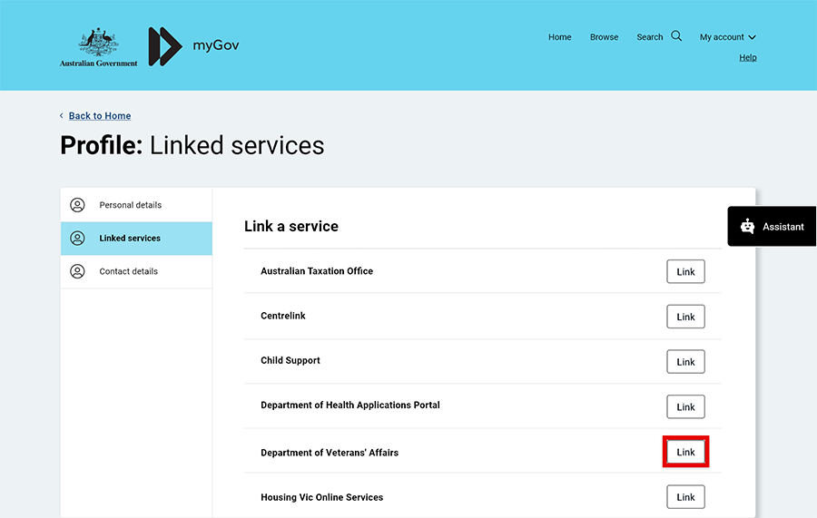 Screenshot of the Sign in to myGov page with View and 'Link' link selected.