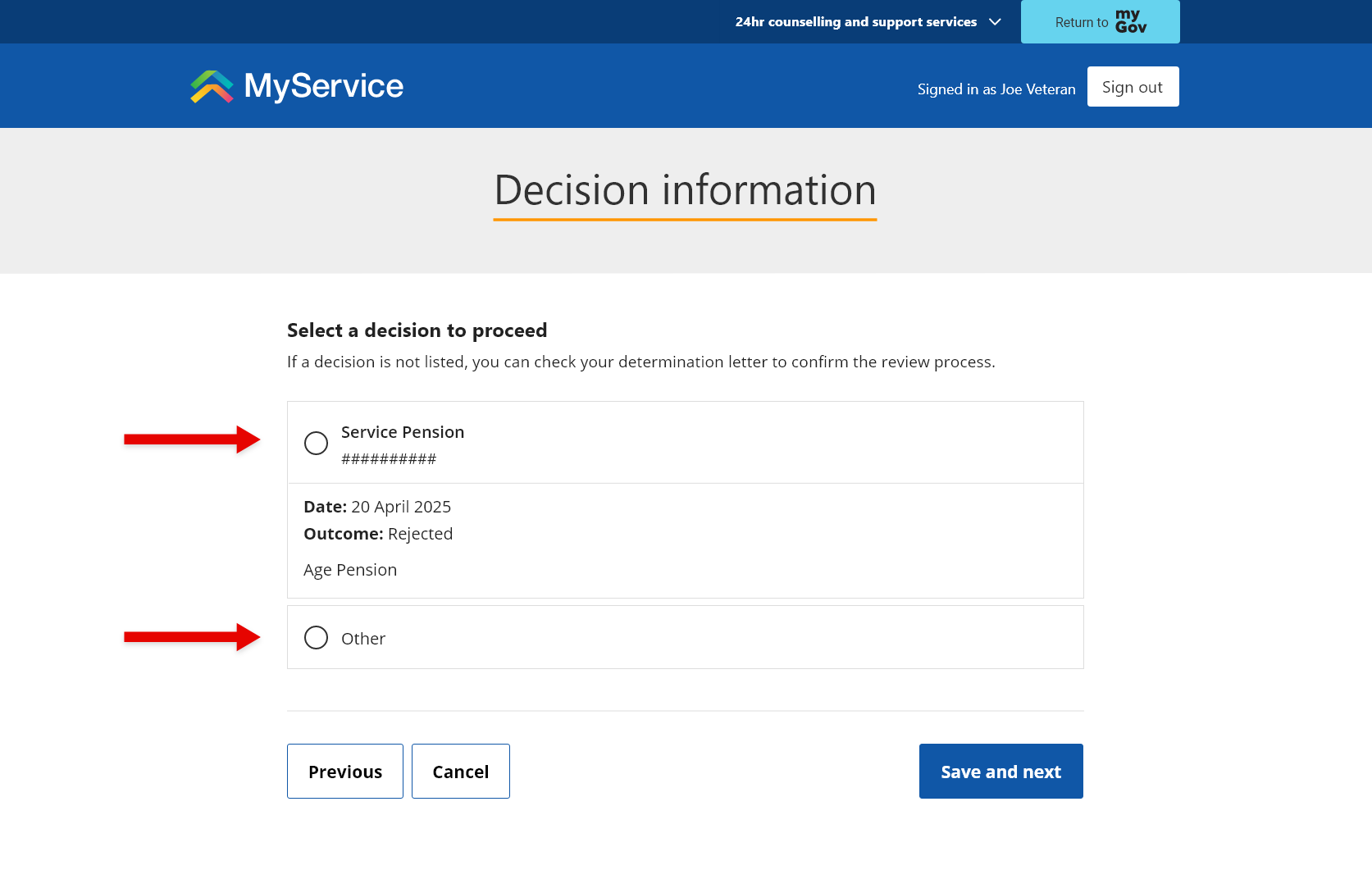 Decision information screen.