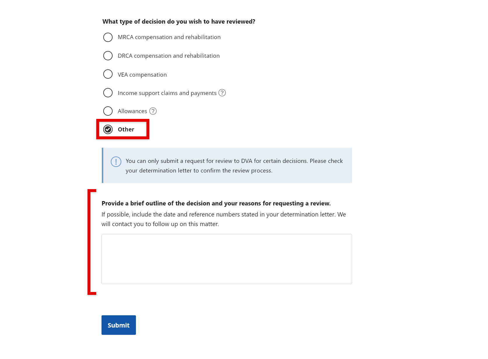 'What type of decision do you wish to have reviewed' screen