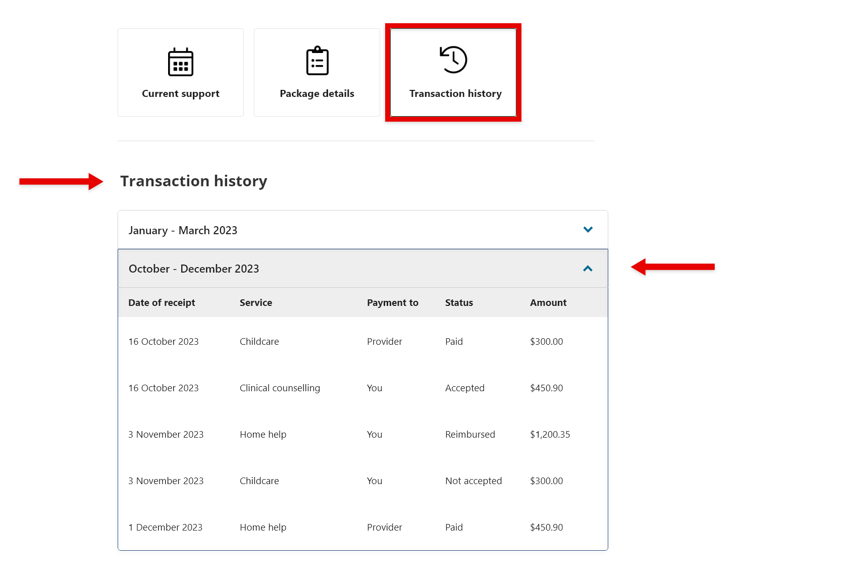 Screenshot showing how to select the 'Transaction history' tile
