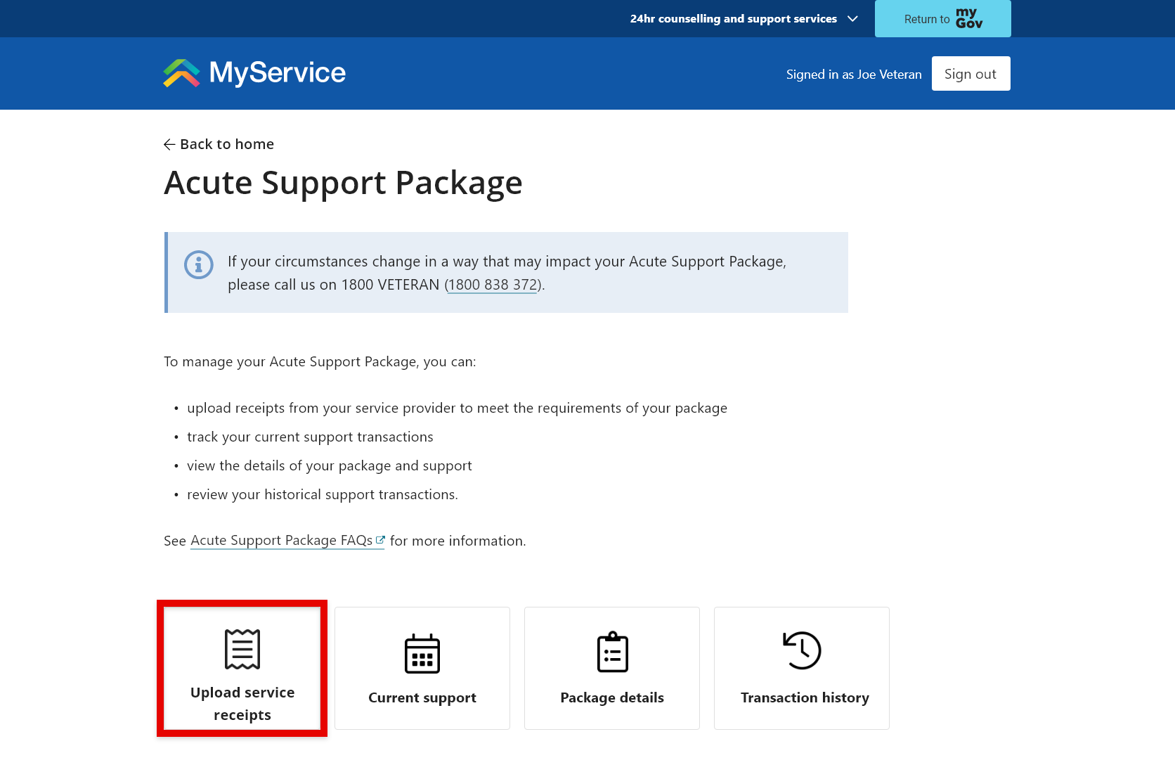 'Acute Support Package' screen.