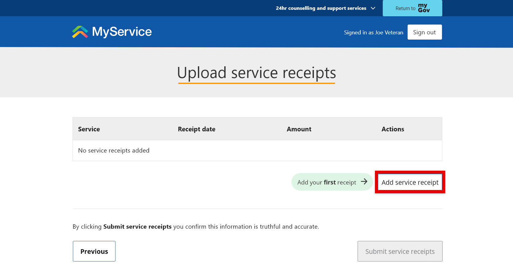 'Upload service receipts' screen.